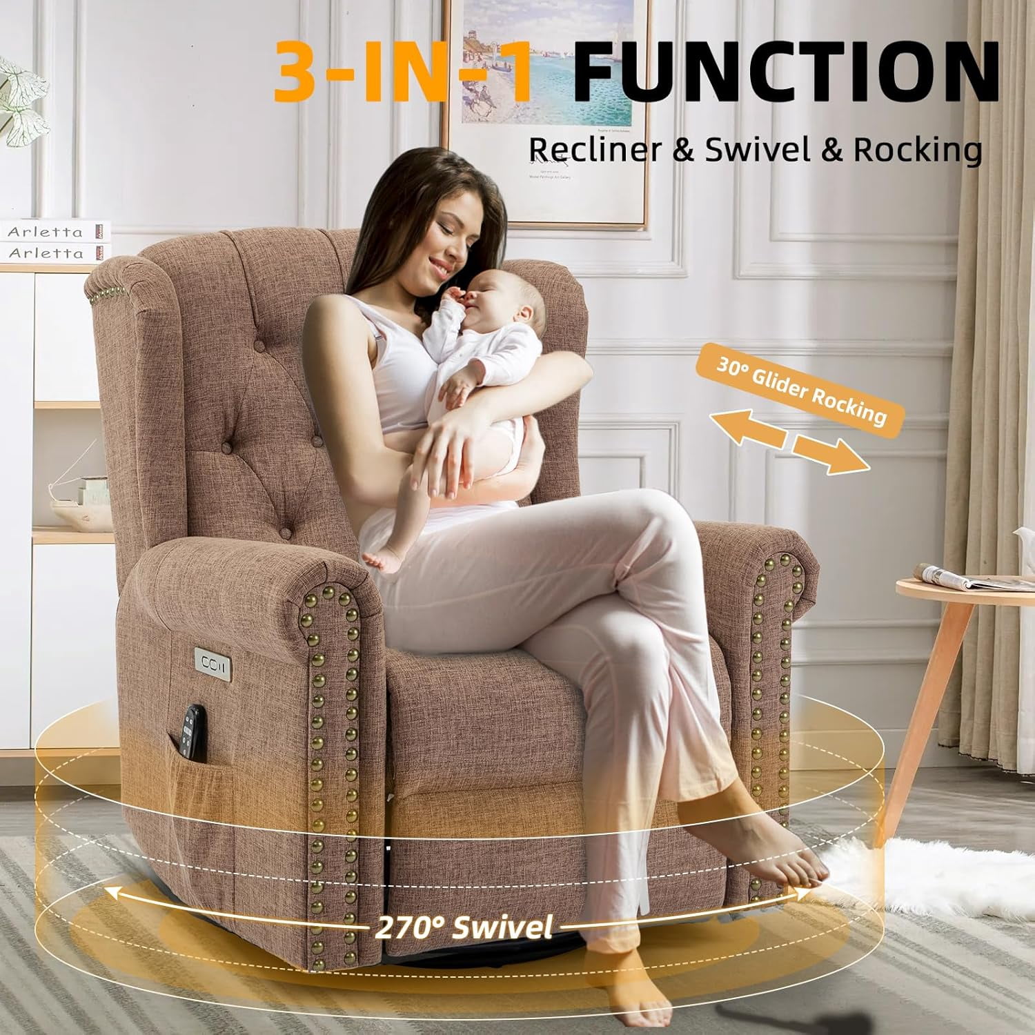 Power Swivel Rocking Glider Recliner Chair, Electric Nursery Reclining Sofa Chair with Heat and Massage, Wingback Tufted Upholstered Recliner for Living Room, USB and Type-C Ports, Brown