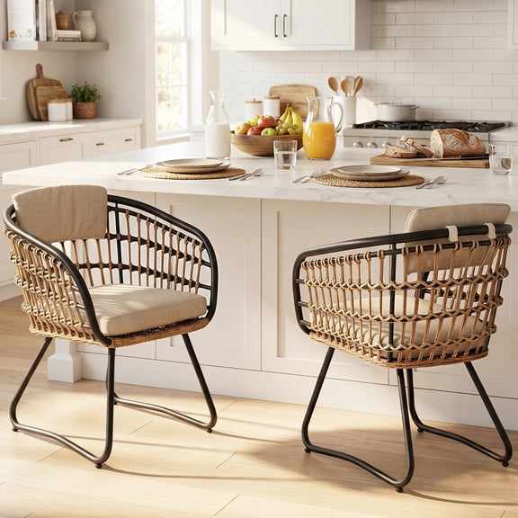 OMNIBERG Dining Chairs Set of 2, Bohemian Natural Color PE Rattan Dining Chairs with Armrests and Backrest Cushion, Barrel Back Kitchen Chairs for Kitchen & Dining Room