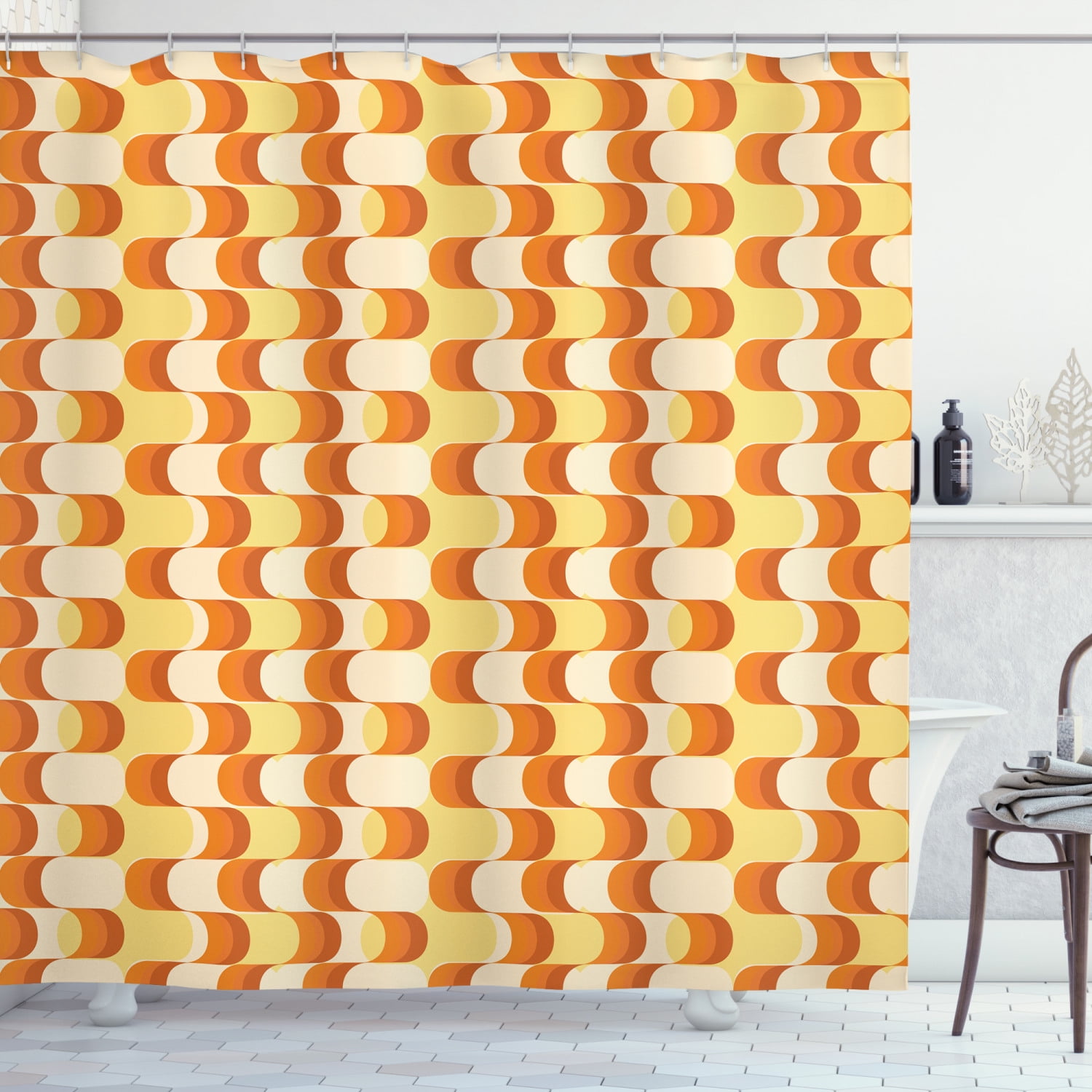 Retro Shower Curtain, Wavy Pattern Half Moon Shapes Vintage Art Graphic