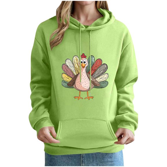 Women Turkey Graphic Hooded Sweatshirt, Drawstring Long‑Sleeve Pullover Hoodie with Front Kangaroo Pocket, Casual Tops for Fall Gatherings Green M