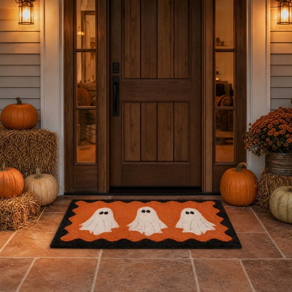 Halloween Ghost Doormat Orange Black Entry Rug, Spooky Welcome Mat with Ghost Prints, Fall Outdoor Porch Decor for Front Door, 18x30 Inch