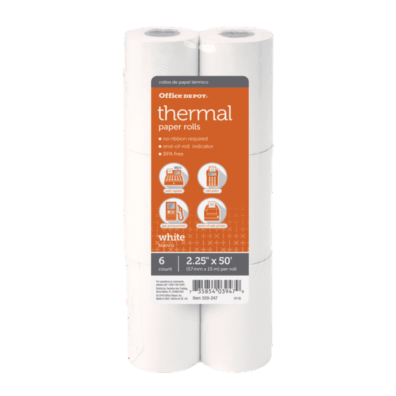 Office Depot® Brand Thermal Paper Rolls, 2 1/4" x 50', White, Pack Of 6