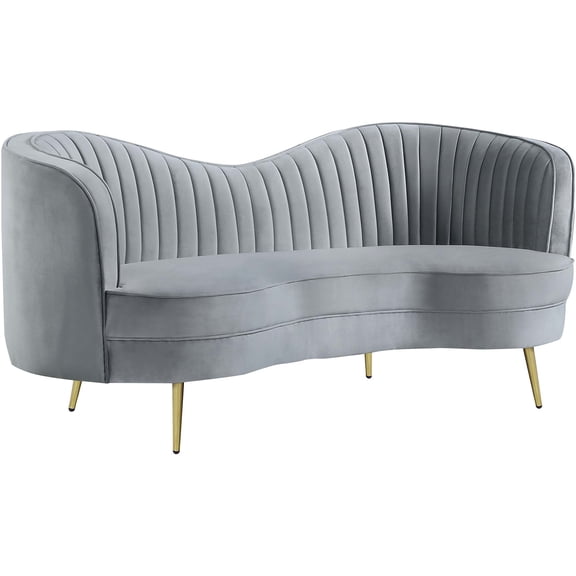 JERFIT Modern Glam Loveseat Sofa with Gold Tapered Legs, Grey Velvet Upholstered Small Couch for Living Room, Mid-Century Channel Tufted Accent Loveseat