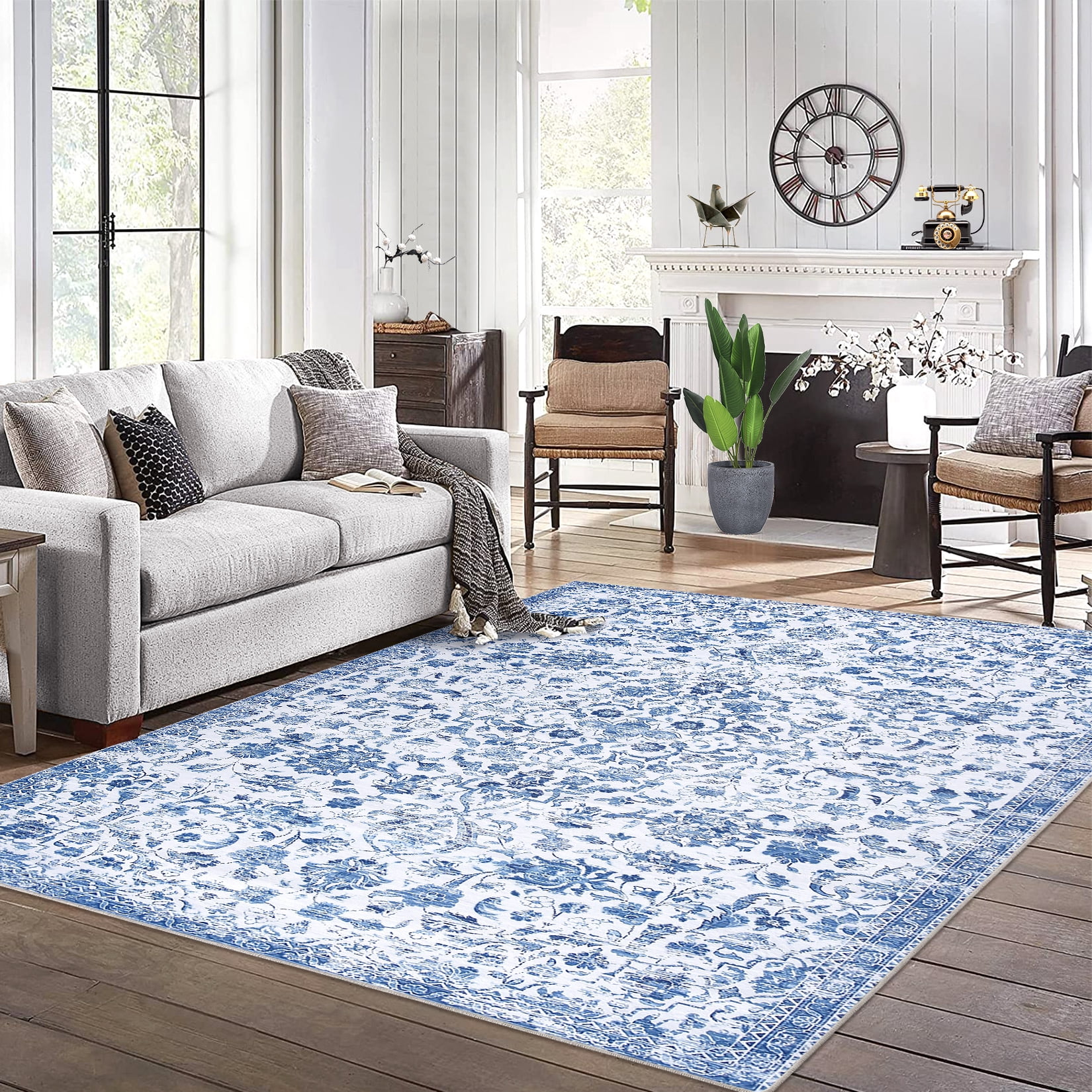 Hasoo Large Area Rug 9' x 12' Blue Multi Vintage Rug Flodable Thin Rug Retro Distressed Carpet Floral Print Boho Rug for Kitchen Bedroom Living Room Dining Room