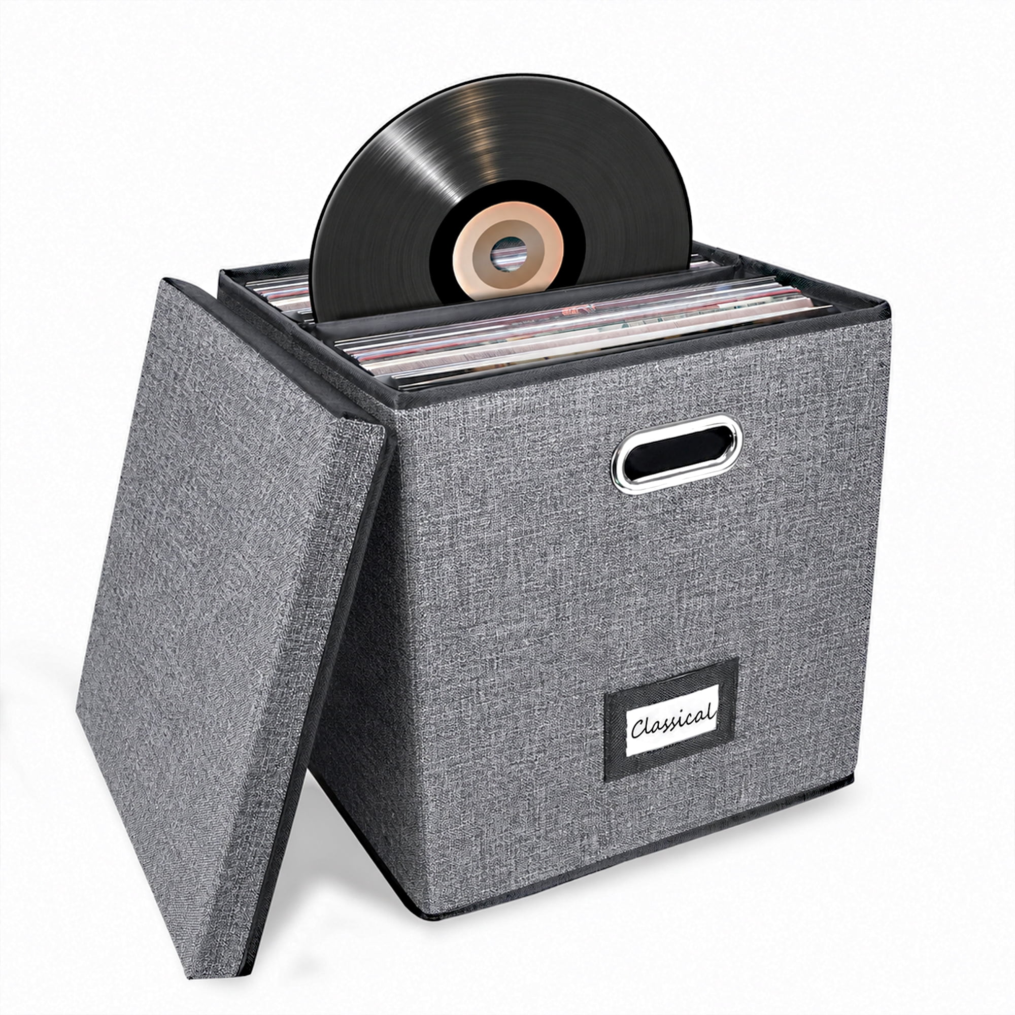 Vinyl Record Storage Box Album Storage Holds up 50+ Single Record, LP Storage Organizer Crate With Lid, Decorative Moving Box for Records Grey