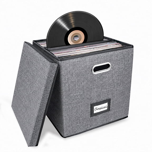 Vinyl Record Storage Box Album Storage Holds up 50 Single Record, LP Storage Organizer Crate With Lid, Decorative Moving Box for Records Grey