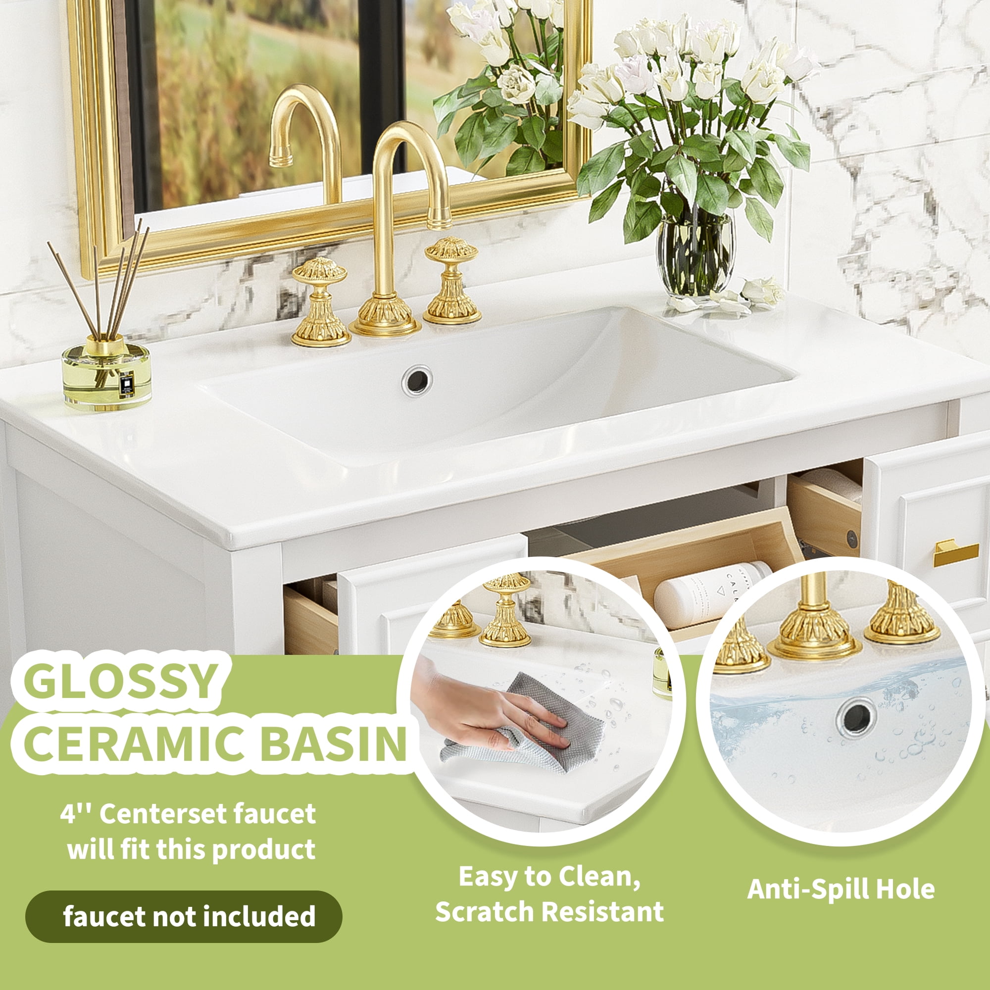 Euroco Bathroom Vanity with Sink – 5-Drawer MDF Cabinet with Concealed Storage and Pre-Drilled Three-Hole Basin