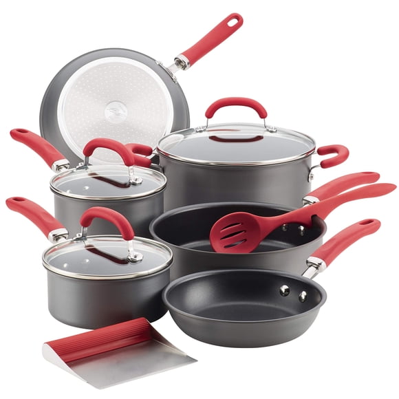 Rachael Ray Create Delicious Hard Anodized Nonstick Cookware Pots and Pans Set, 11 Piece, Red Handles