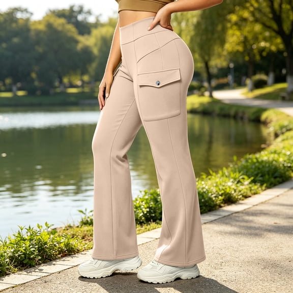 MMJ Cargo Pants for Women Flare Leg High Waist Fleece Lined with Pockets Stretch Casual Trousers Full Length Comfortable Warm Outdoor Hiking Travel