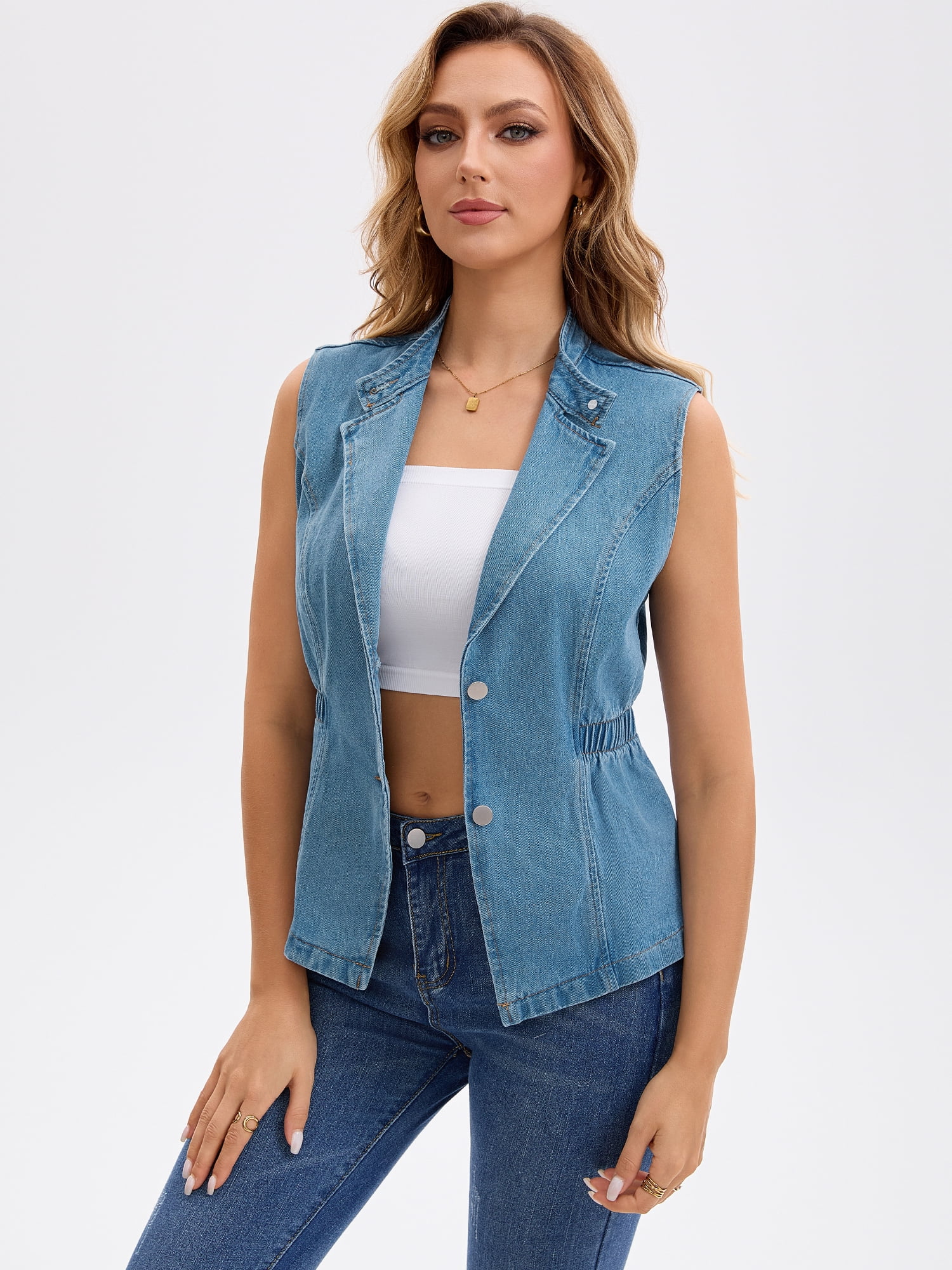 DARING DIVA Women's Button Down V Neck Elastic Waist Sleeveless Waistcoat 2XL Light Blue