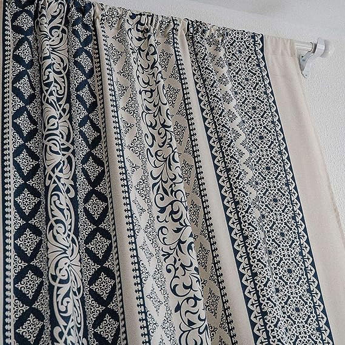 XmhyTop Farmhouse Cotton Linen Window Curtain Panel with Tassels Geometric Print Country Style Room Darkening Curtain Panel for Bedroom Living Room, 1 Piece (59"x102",Blue)