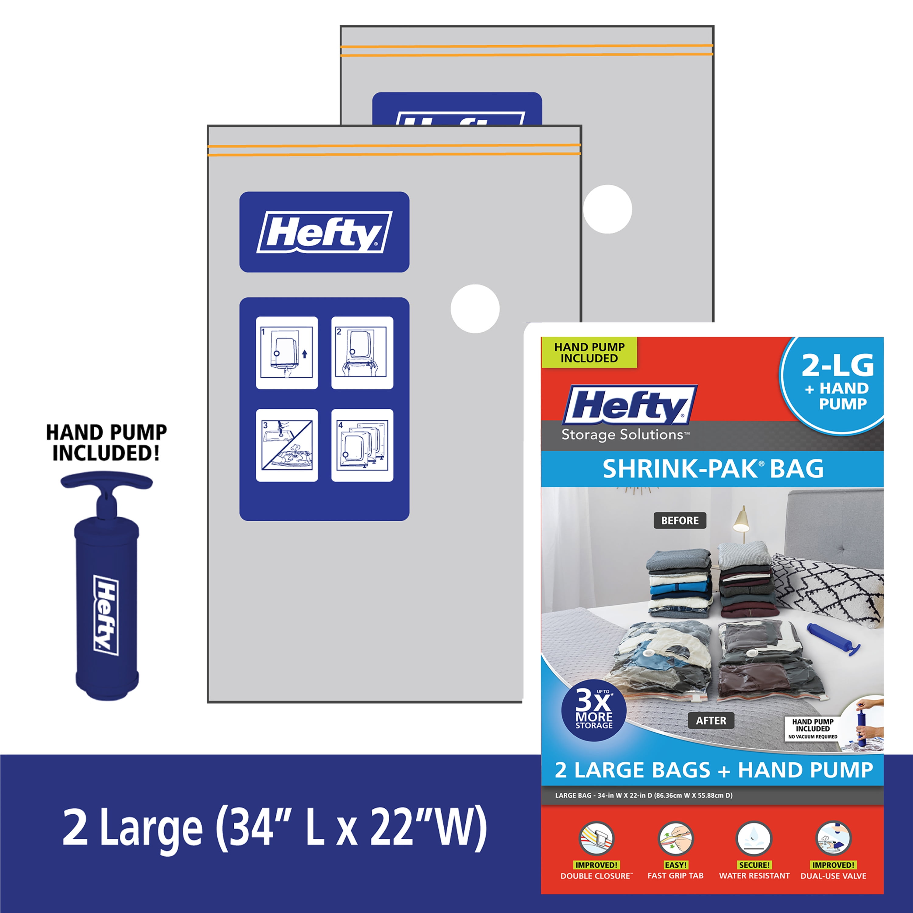 Hefty 2- Large Shrink-Pak Bags 34x22 Vacuum Storage Bags Waterproof  Reusable New
