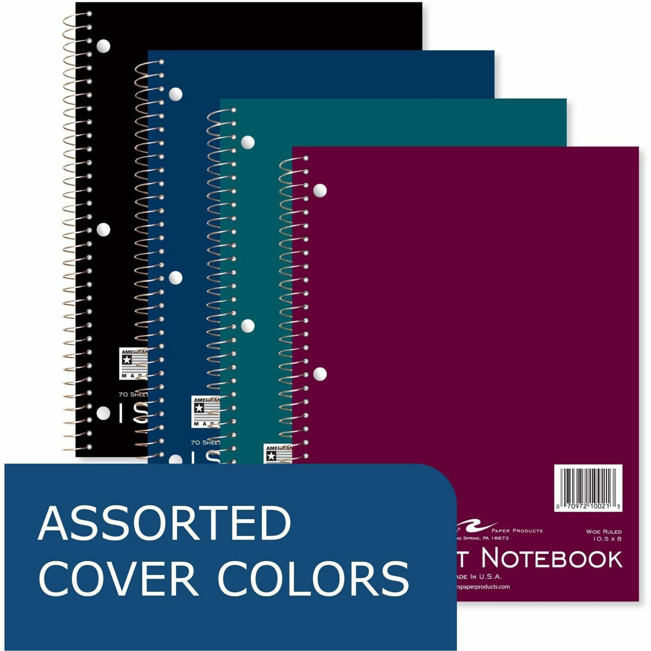 Roaring Spring Wide Ruled One Subject Spiral Notebook, 3 Hole Punch, 1 Case (24 Total), 10.5" x 8" 70 Sheets, Assorted Brite Colors