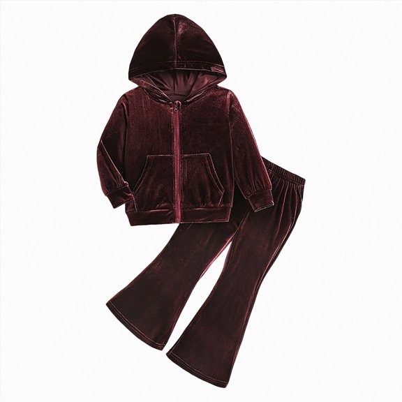 Toddler Baby Girl Clothes 1T 2T 3T 4T 5T Fall Winter Outfits Stylish Solid Color Long Sleeve Zipper Hoodie Flared Pants Sets Girls Outfits Wine Size 5-6 Years