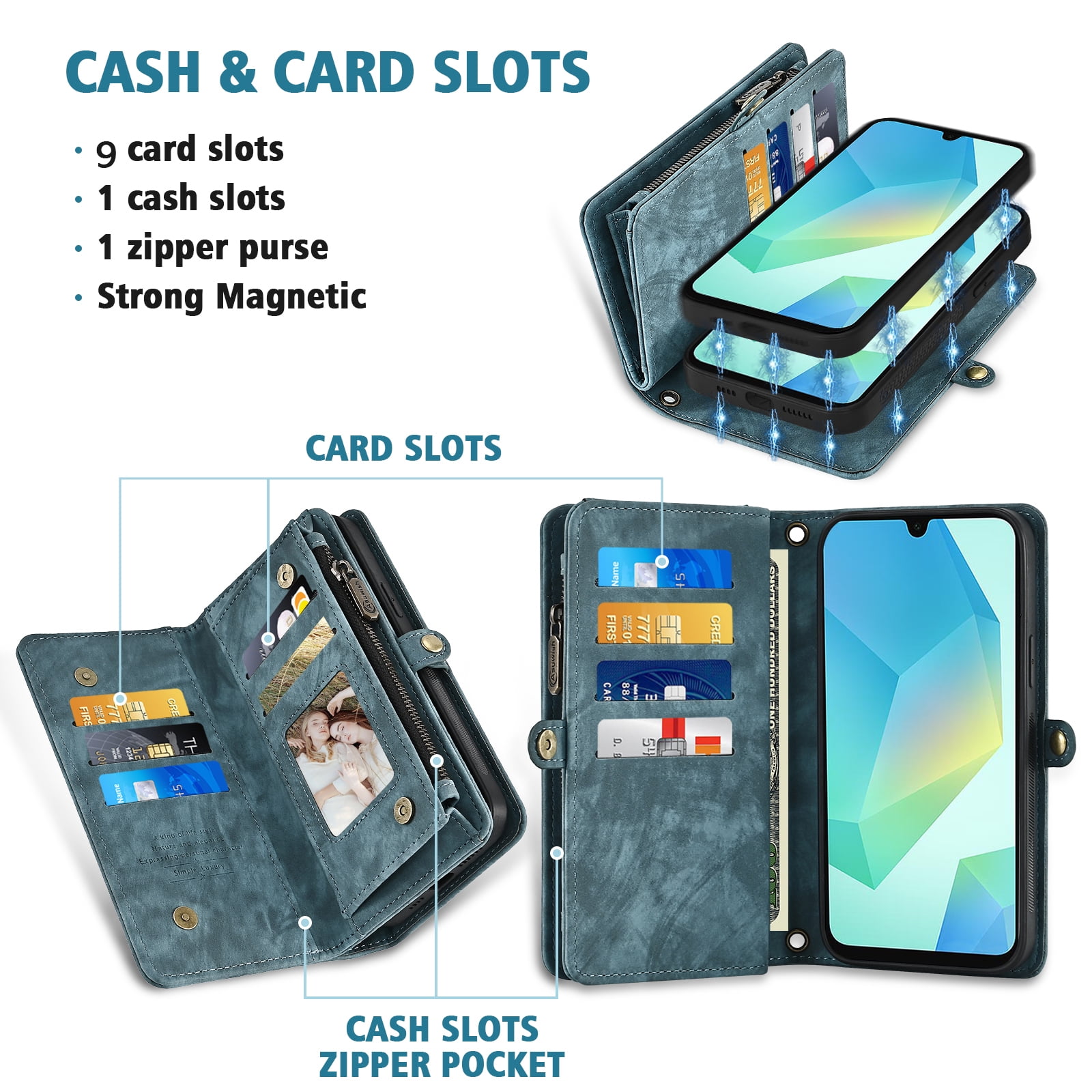 Asuwish Phone Case for Samsung Galaxy A16 5G/4G Zipper Wallet Detachable Cell Cover with Tempered Glass Screen Protector Crossbody Lanyard Strap Flip Card Holder A 16 16A SM-A166U Women Girls Blue