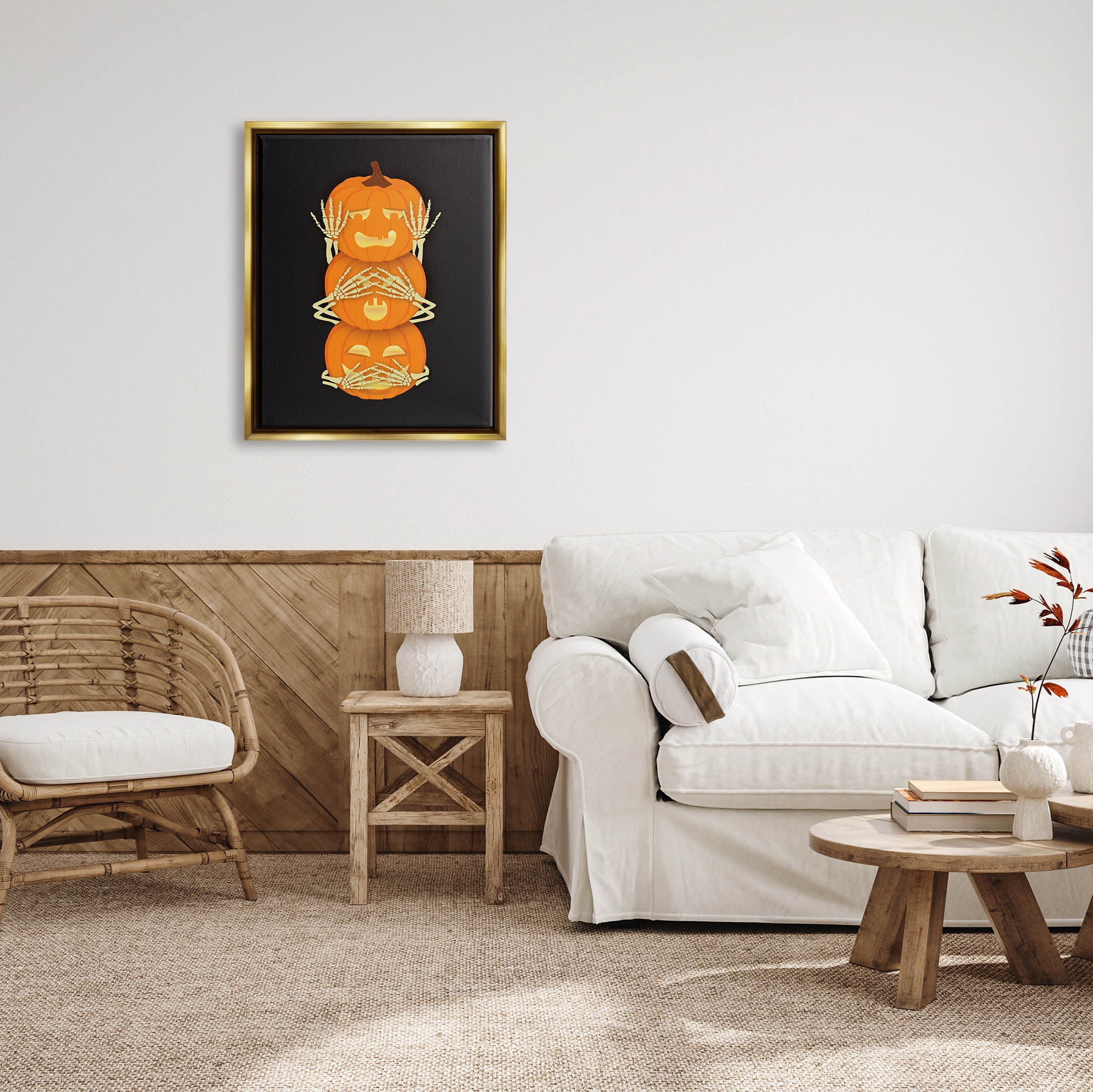 Stupell Industries Hear See Speak No Evil Pumpkins Graphic Art Metallic Gold Floating Framed Canvas Print Wall Art, Design by Linda Birtel