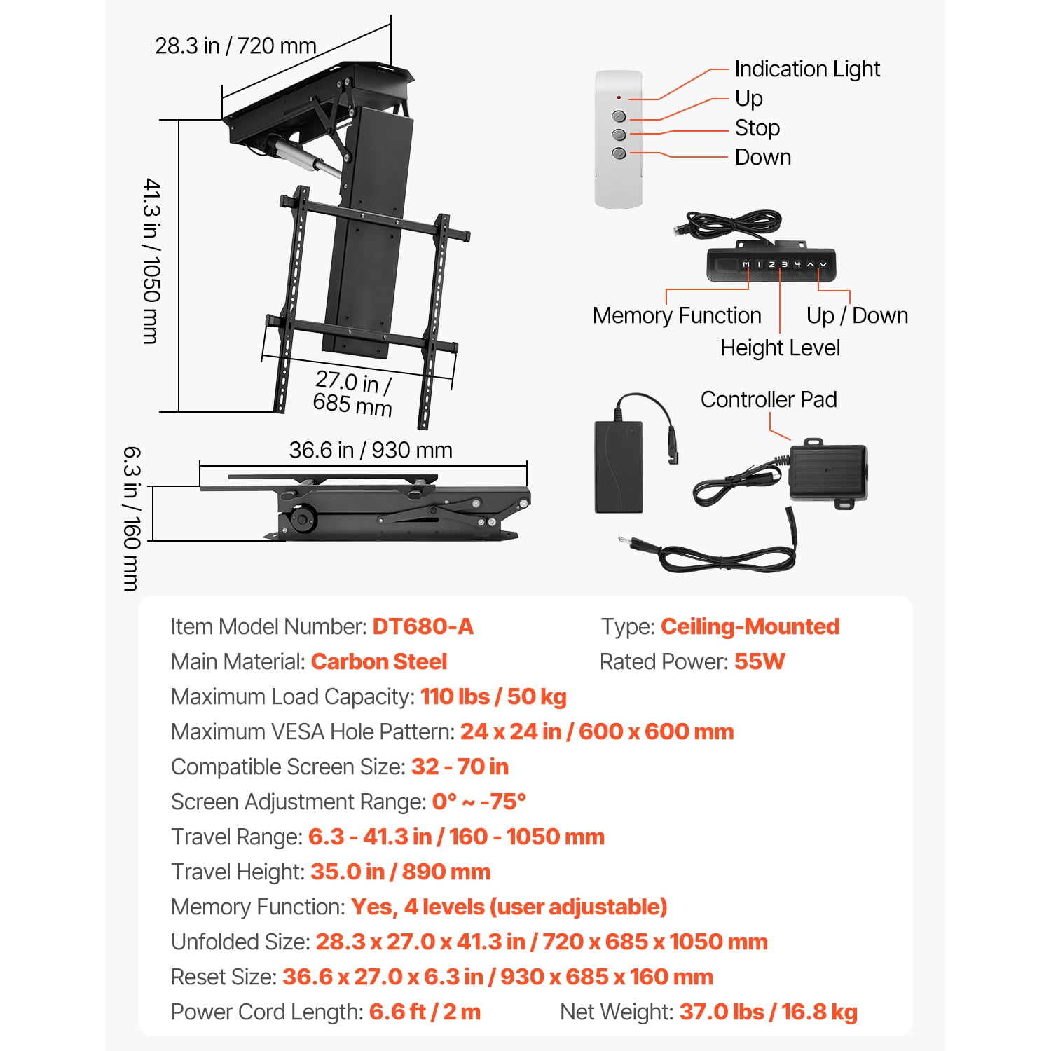 KFFKFF Automated Ceiling TV Holder, TV Wall Holder for 32 to 70 Inch TV, Electrically Modifiable Ceiling TV Holder, Automated Fold Down TV Holder Bracket with Max VESA 24 x 24 in