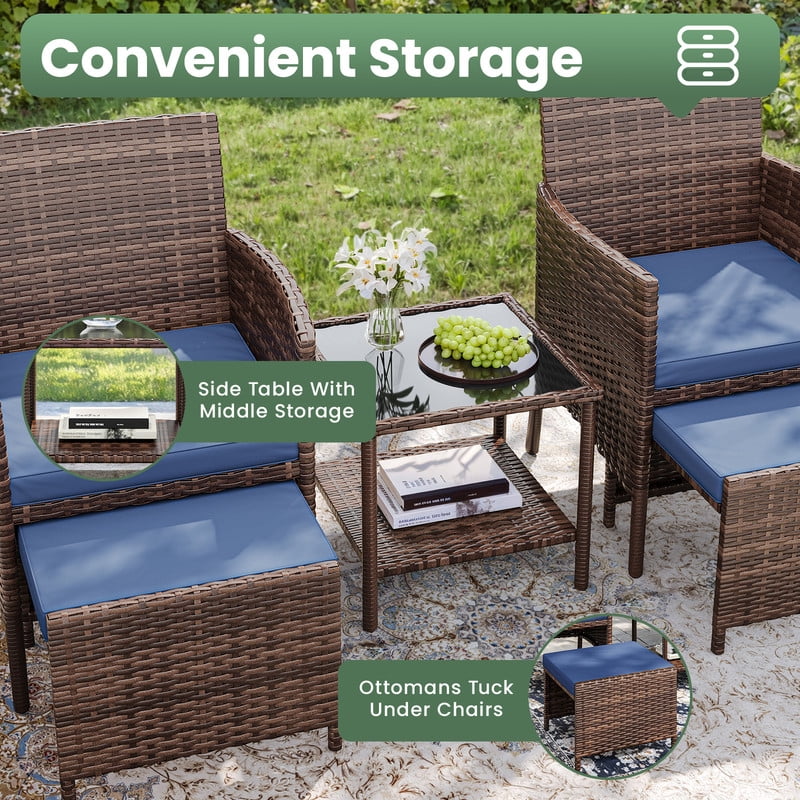 ELPOSUN 5 Piece Patio Furniture Set, Outdoor Conversation Wicker Chairs for Two with Ottoman Underneath,Brown Rattan,Navy
