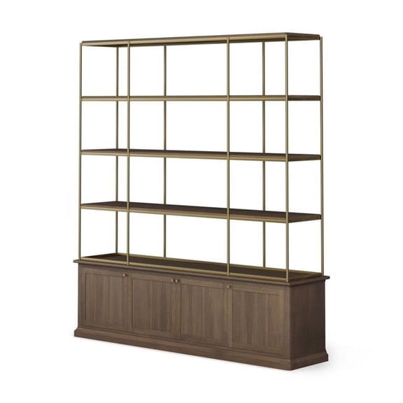 HomeRoots 611044 82 in. Antiqued Brass & Brown Distressed Metal & Solid Wood Four Tier Bookcase with Four Doors