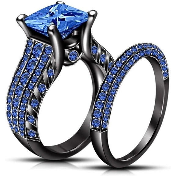 Divine Creation 2.50 Ct Princess Cut Blue Sapphire Wedding Engagement Thanksgiving Christmas Bridal Ring Set 14K Black Gold Plated 925 Sterling Silver For Women's -4