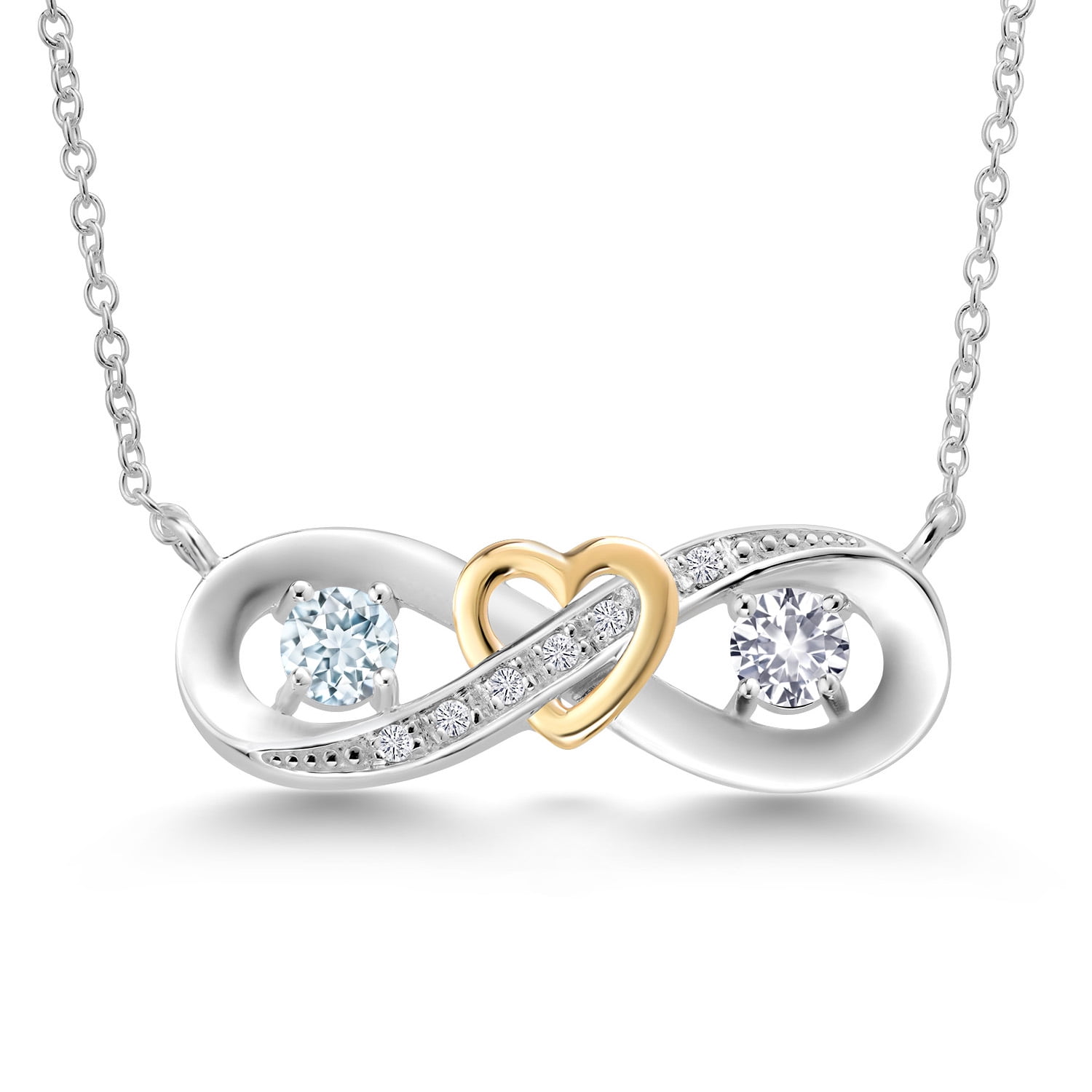 0.56 Ct Sky Blue Aquamarine White Created Sapphire 925 Silver and 10K Yellow Gold Two-Tone Heart Interlocking Infinity Symbol Lab Grown Diamond Pendant Necklace for Women with 18 inch Chain