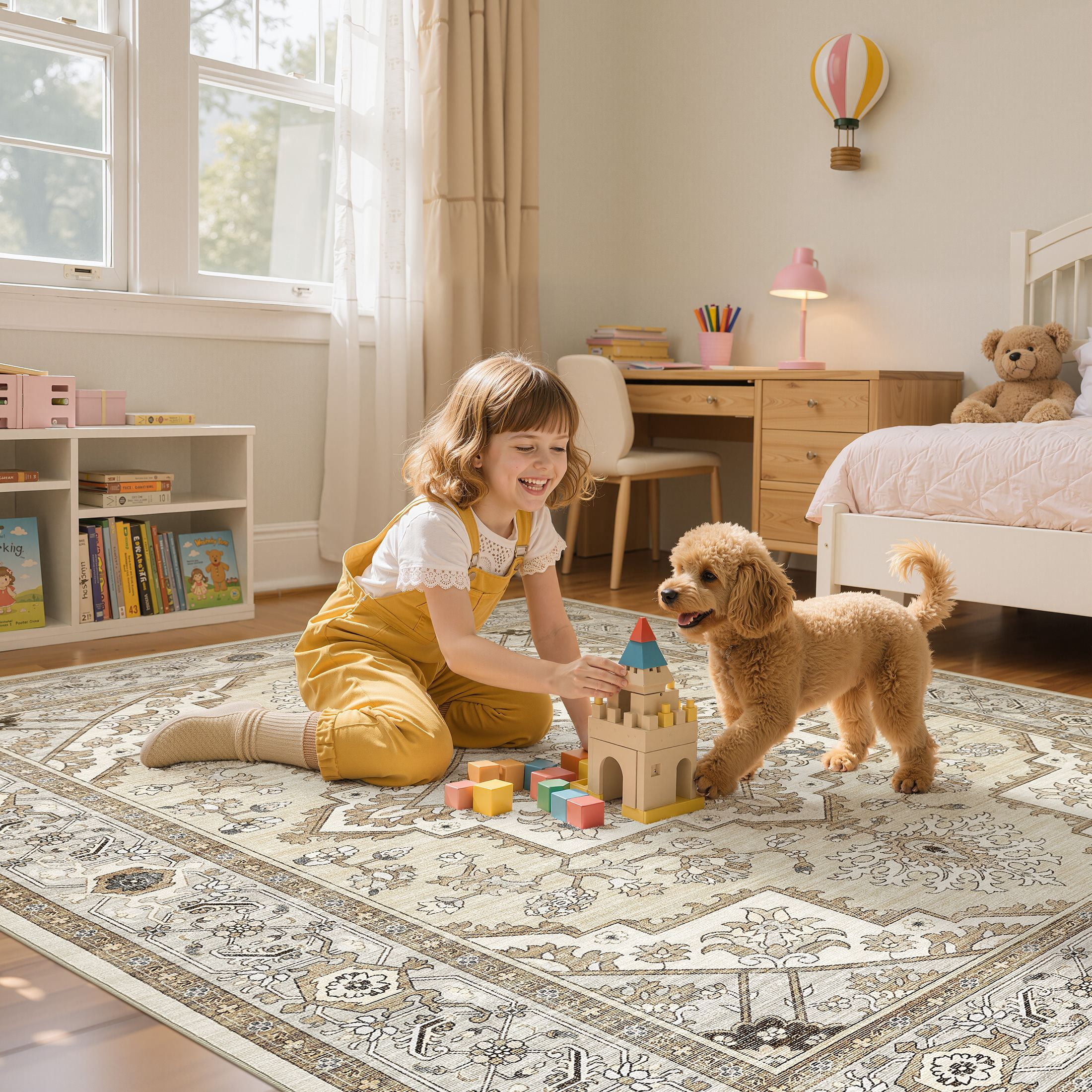 UERMEI 10'x14' Washable Large Area Rugs for Living Room, Vacuum friendly, Vintage Floral Boho Printed Carpet, Non Slip Indoor Rugs for Bedroom Home Decor Carpets, Brown/Cream
