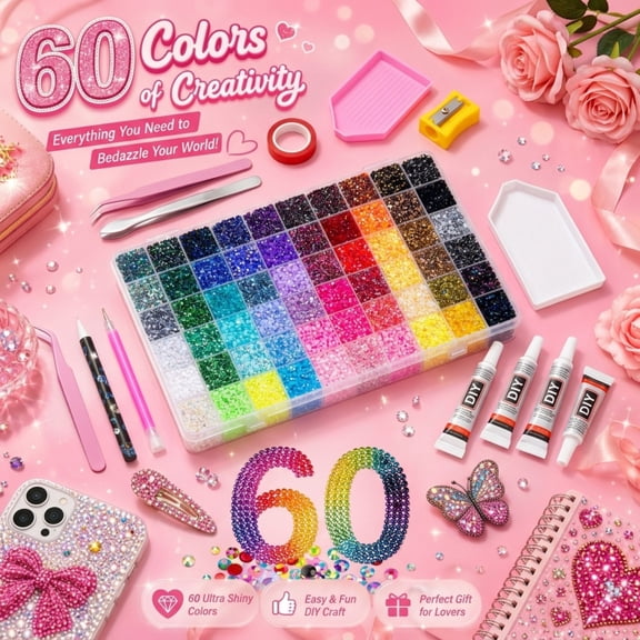 Resin Jelly Bedazzler Kit with 48000Pcs 60 Types Color Rhinestones, 3mm Colorful Diy Diamond Art Set for Makeup, Nail Art & Crafting, Complete Bedazzling Kit with Glue, Pickup Pen & Tweezers