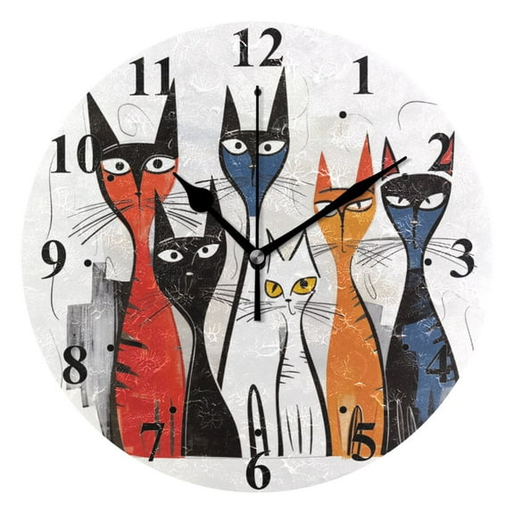 Six Cats Black 10 inch Wall Clocks Non Ticking Easy to Read Battery Decorative for Home Bathroom Kitchen Bedroom Living Room