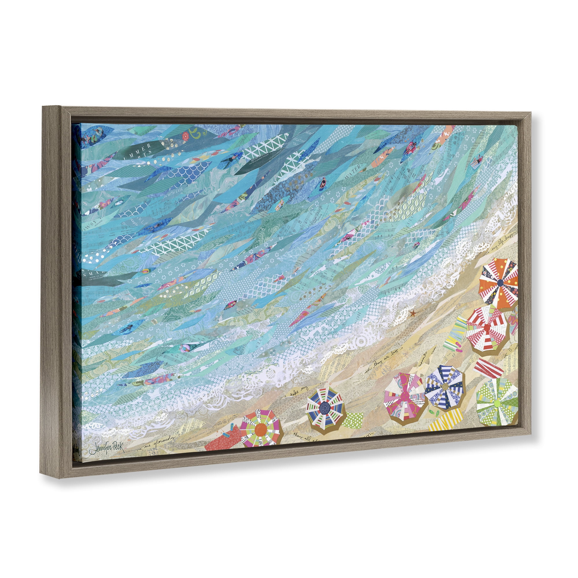 Stupell Industries Collaged Aerial Beach View Coastal Painting Brown Floater Framed Canvas Art Print Wall Art, 31 x 21
