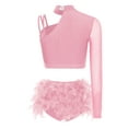 thumbnail image 2 of iiniim Women's Lyrical Jazz Dance Outfits One Shoulder Crop Top with Feather Briefs Skirt Dancewear Pink S, 2 of 7