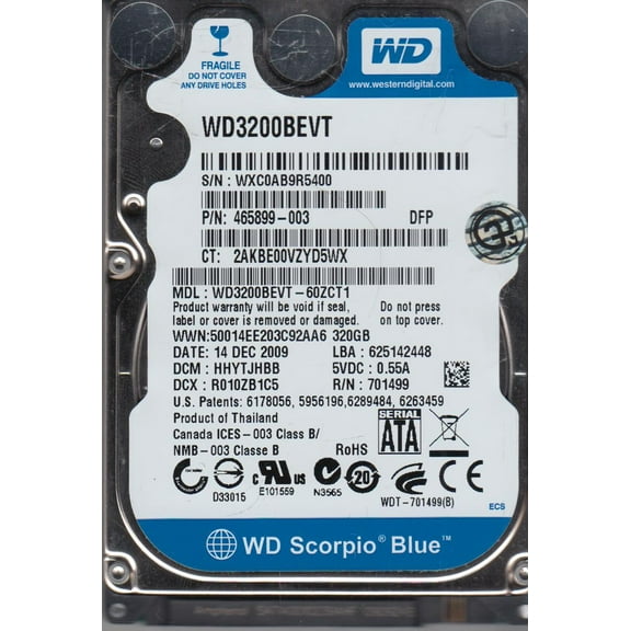 WD3200BEVT-60ZCT1, DCM HHYTJHBB, Western Digital 320GB SATA 2.5 Hard Drive