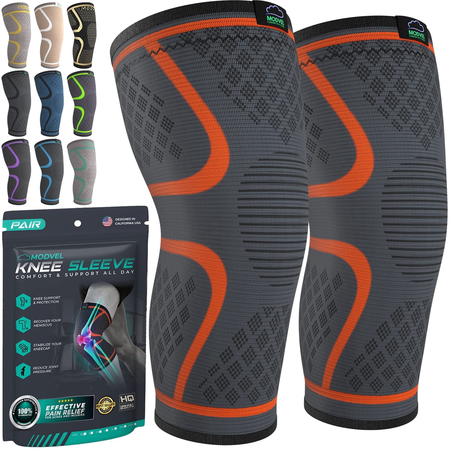 MODVEL Knee Brace,  Orange,  Large, (2 Pack)