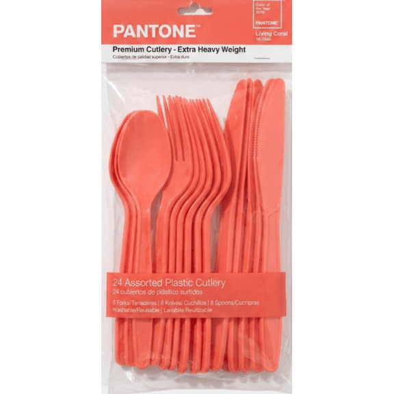 Amscan Pantone Living Coral Assorted Premium Plastic Cutlery Set