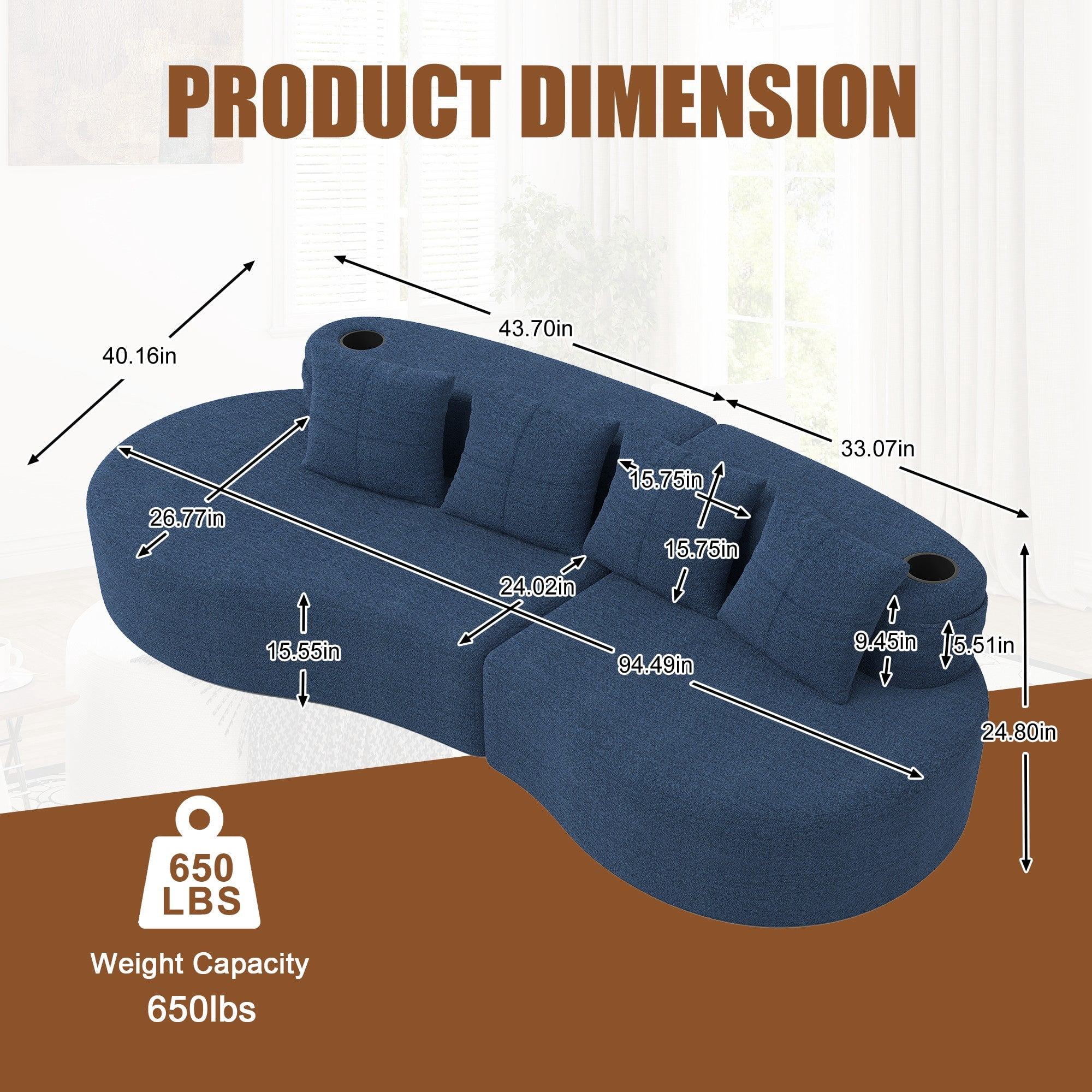 Sailvan Modern Curved Sectional 3 Seat Sofa,Minimalist Half Moon Modular Couch for Living Room,Office and Apartment,Soft Chenille Fabric Navy