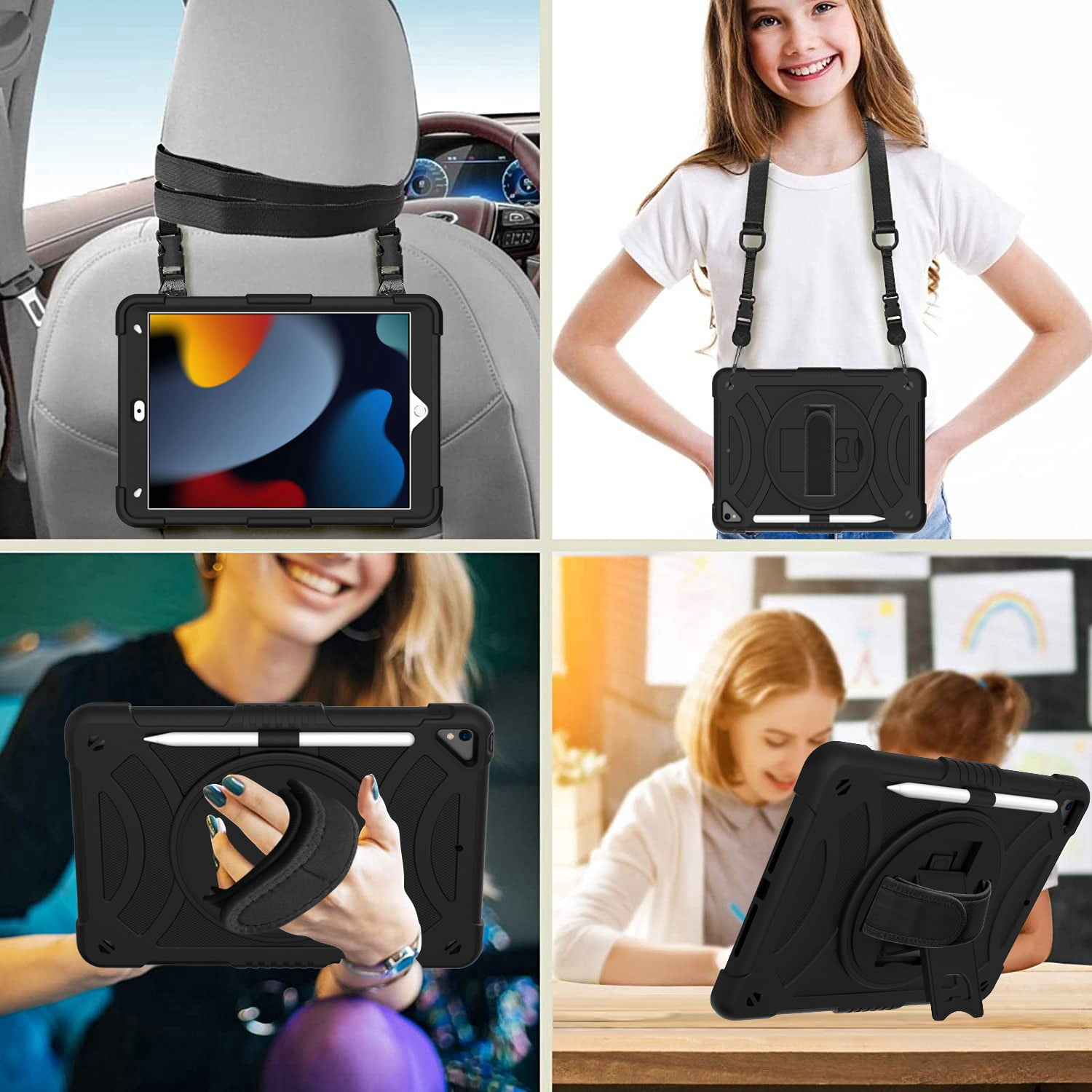 For Apple iPad 9th /8th /7th Gen 10.2 inch 3-in-1 Tough Hybrid Shockproof Protector Silicone TPU with Pencil Holder, Kickstand, Hand & Shoulder Strap Case Cover [Black]