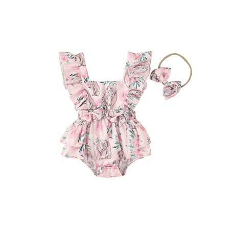 

Sunisery Newborn Baby Girl Easter Outfit Fly Sleeve Square Neck Bunny Ruffle Suspender Lace Romper Headband 2Pcs Set