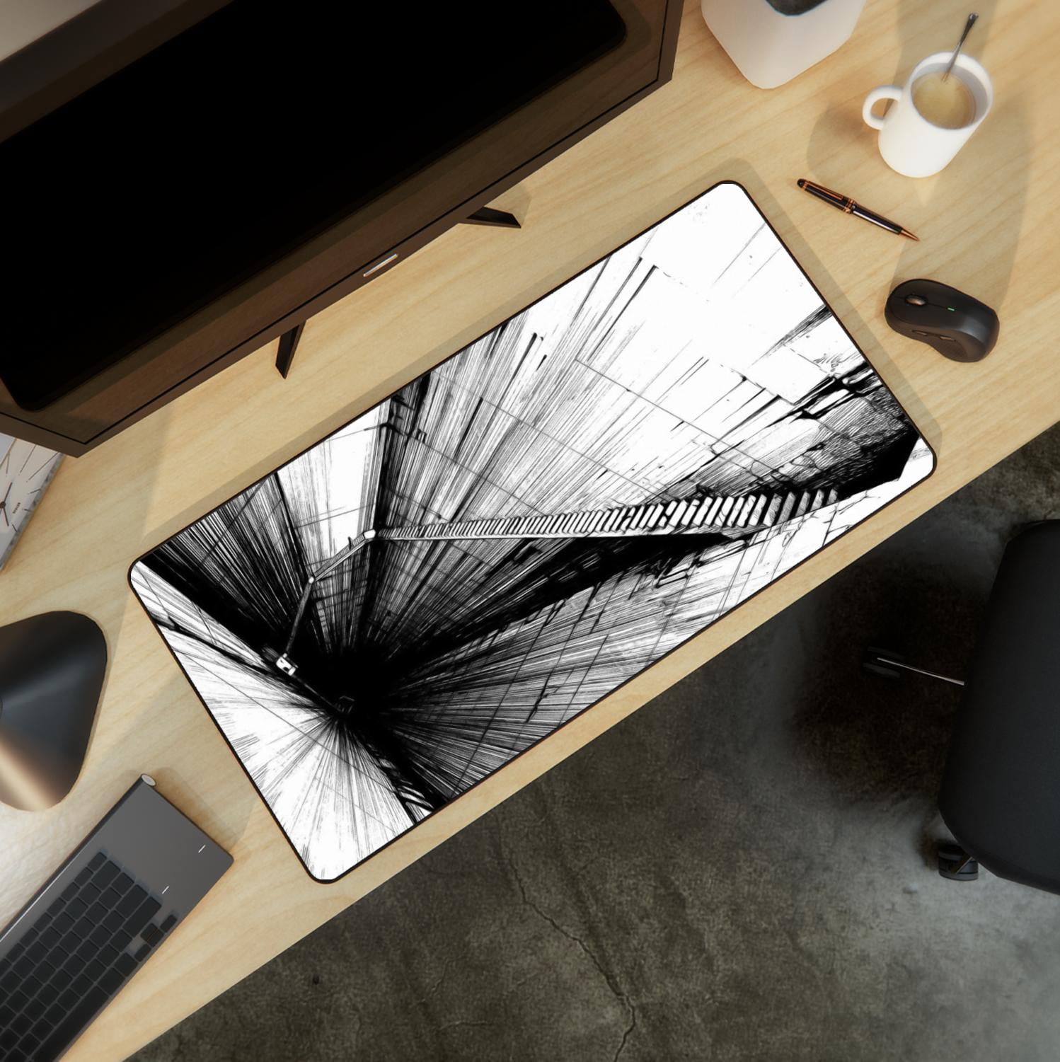 Futuristic Tunnel Design Gaming Mousepad, Large Desk Mat with Abstract Black and White Art, Anti-Slip Rubber Base Anime Desk Pad
