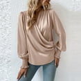 thumbnail image 5 of XFLWAM Women's Satin Silky Cowl Neck Tops Draped Wrap V Neck Ruched Front Long Sleeve Blouse Solid Color Shirt with Smocked Cuff Beige M, 5 of 7