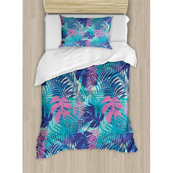 Leaf Duvet Cover Set Twin Size, Digital Neon Vivid Colored Island Oceanic Flowers and Leaves, Decorative 2 Piece Bedding Set with 1 Pillow Sham, Pink Turquoise Dark Blue Purple, by Ambesonne