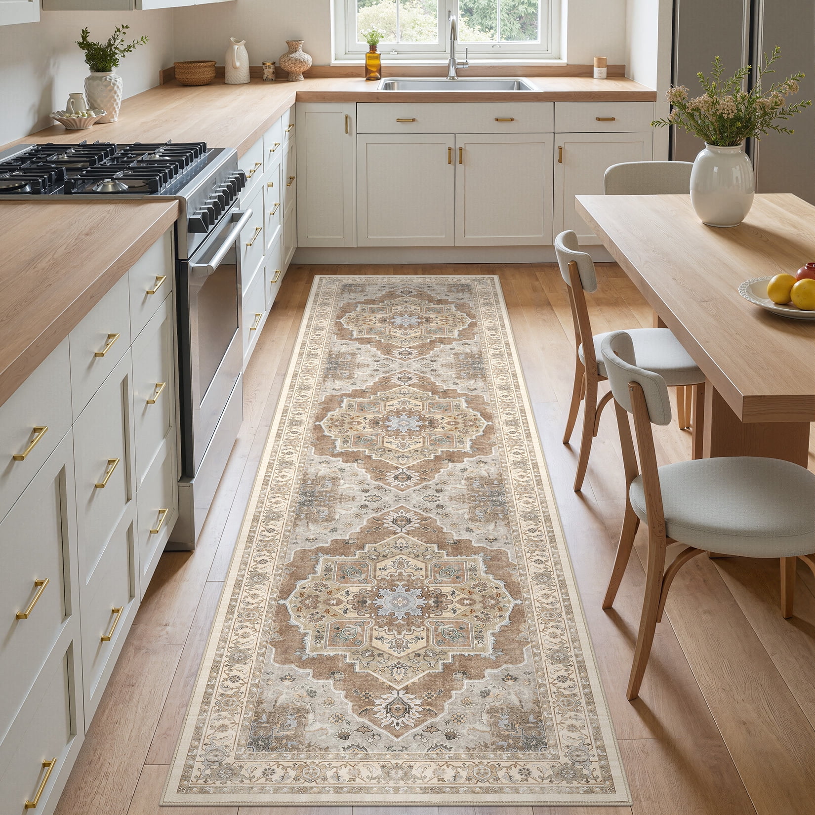 Toyoso 2x8 Runner Rug Vintage Medallion Washable Rug Cream Grey Low Pile Non Slip For Kitchen Hallway Laundry Room Entryway Home Decor Carpet