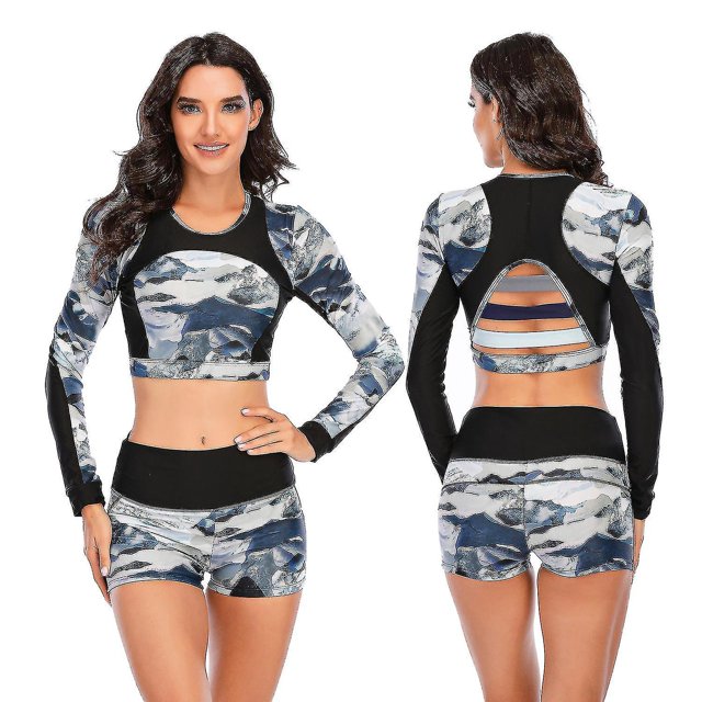 Lishi Geometric Print Rash Guard Two-Piece Swimsuit - UV Protection, Long Sleeve, Women's Surfing Swimwear