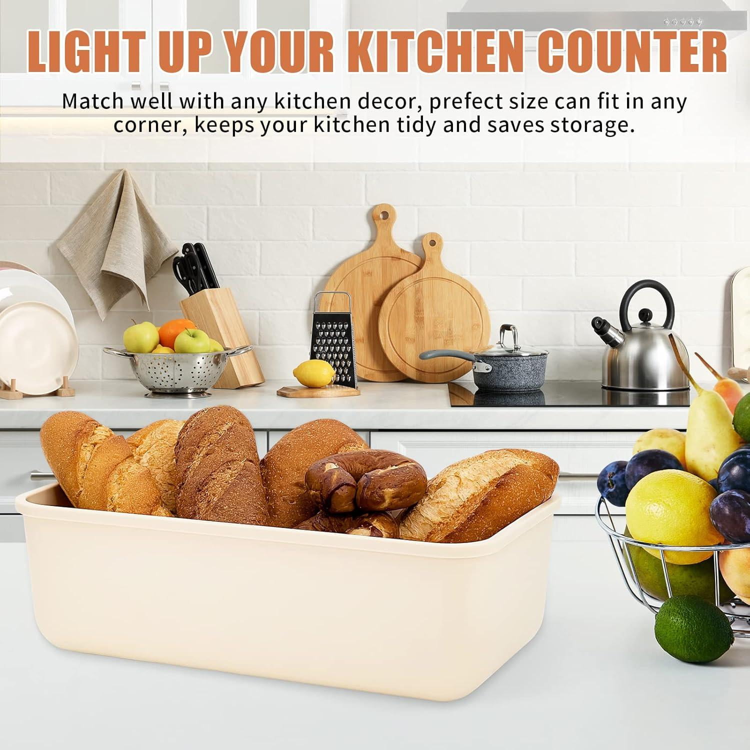 Bread Box With Bamboo Wood Cutting Board Lid & Bread Slicer Holder, Rectangular Cream Color Bread Container For Kitchen Countertop, 14.8 x 8.4 x 5.3in, Bread Storage Container