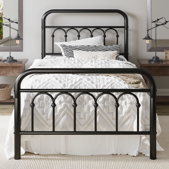 Allewie 14 Inches Twin Size Metal Platform Bed Frame with Victorian Style Curved Iron-Art Headboard/Footboard, Metal Slats Support, Easy Assembly, Under Bed Storage, No Box Spring Required, Black