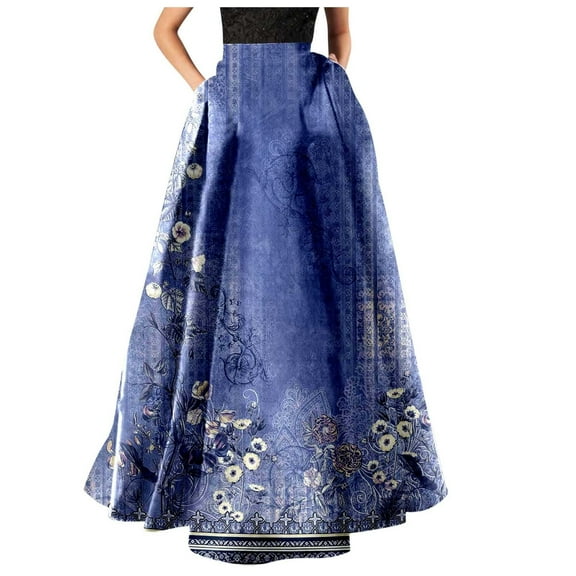 Women’s Floral Print Maxi Skirt High Waist A Line Floor Length Satin Skirt with Pockets Elegant Long Skirt for Formal Occasions Blue XL