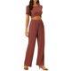 thumbnail image 4 of Conjuntos de 2 piezas Inspire Chic para mujeres, con top de manga corta y giro frontal, pantalones de pierna ancha, conjuntos de lounge, trajes deportivos en rojo ladrillo, 4 of 5