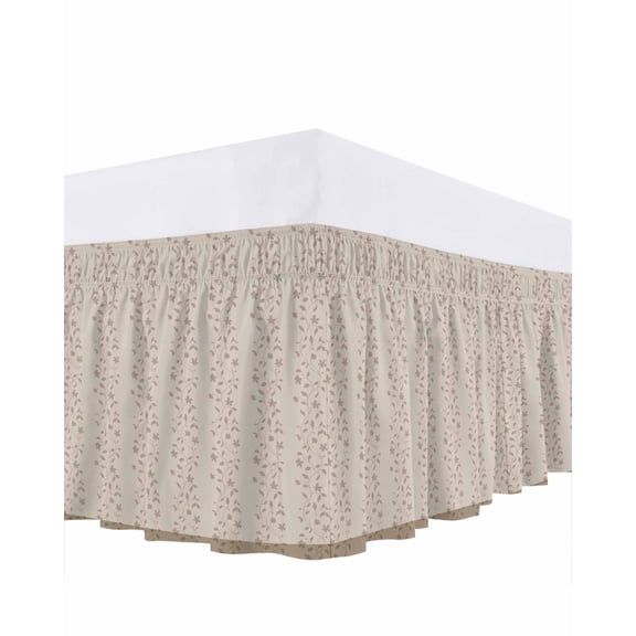 Spring Branches Bed Skirt King Size 16 Inch Drop, Simple Khaki Leaf Branch Plant Light Brown Background Adjustable Elastic Dust Ruffles Bedskirt for King Bed Wrap Around Pleated Mattress Frame Cover