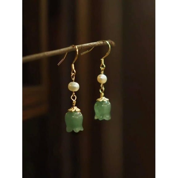 HOOUN Green Jade Flower Earrings Natural 925 Silver Charm Carved Jewelry Women