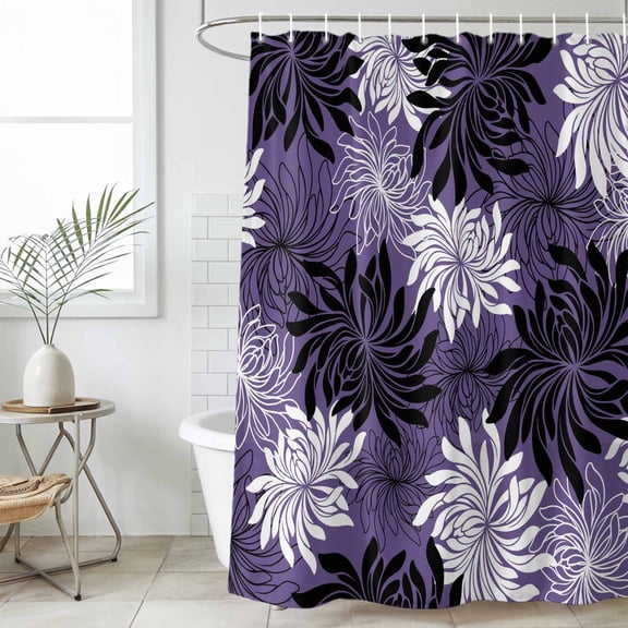Purple Black Flowers Standard Shower Curtain Set, Waterproof Shower Curtains for Bathroom, Modern Abstract Blooms Floral Washable Fabric Cloth Bath Curtain for Bathtub with Hooks 72x72 Inches