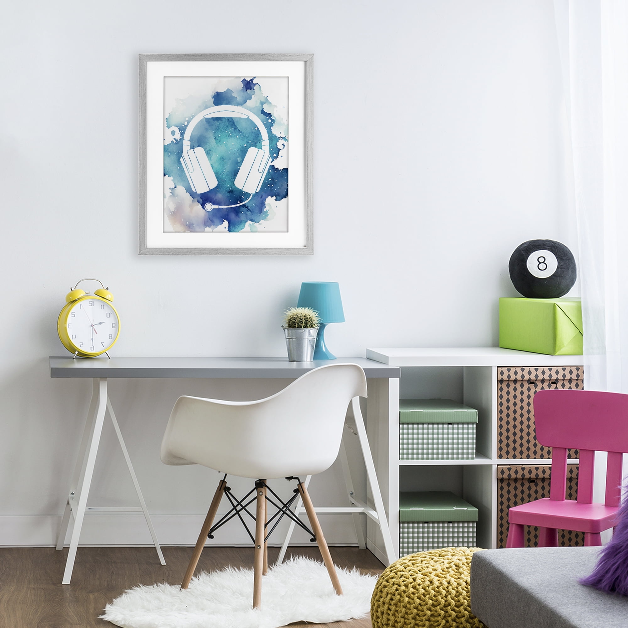 Blue Headphone Splatter Gray Framed Print Under Glass, design by Marcus Prime