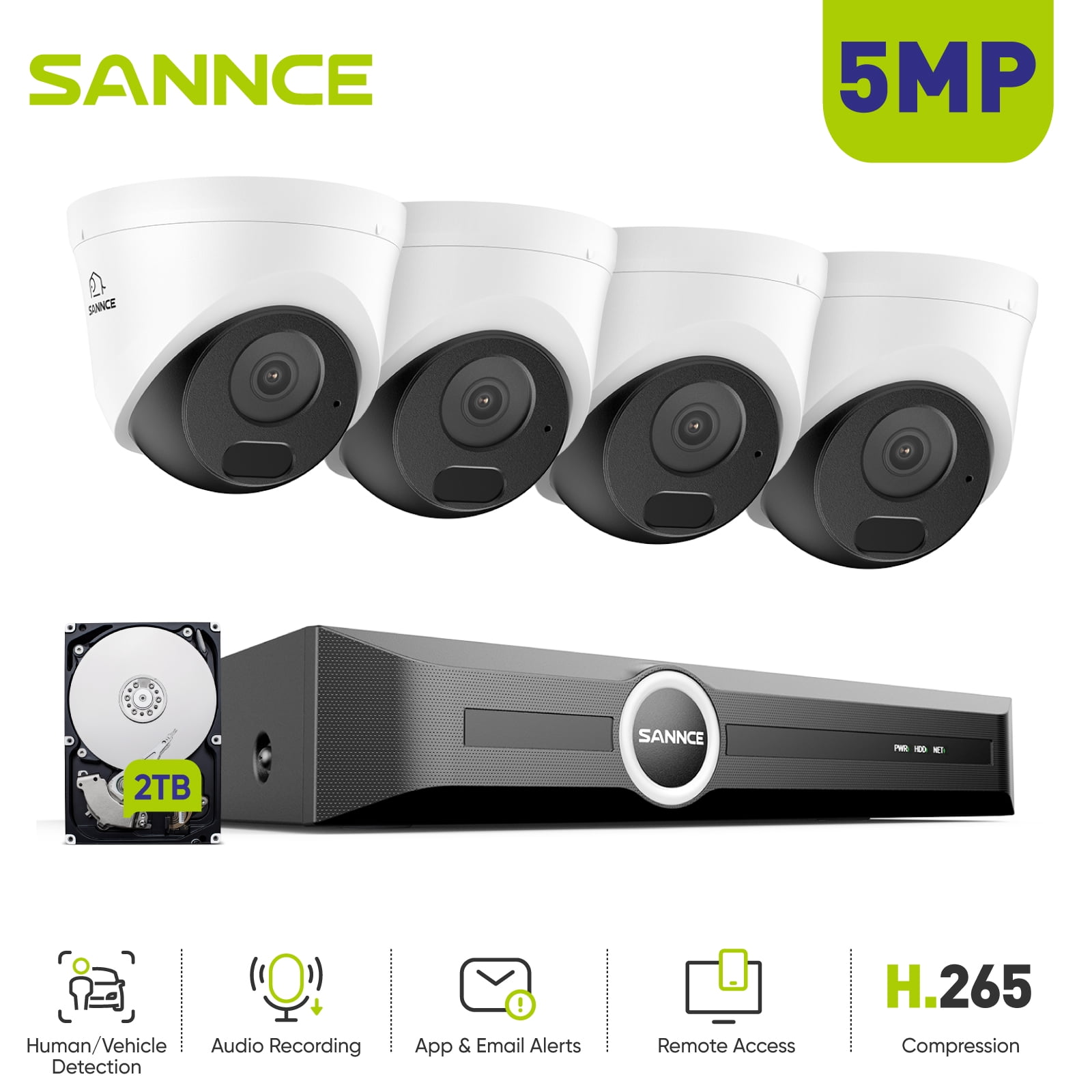 SANNCE 6MP PoE Security Camera System,8CH 6MP Surveillance NVR with 4PCS 5MP HD Weatherproof Dome Cameras with H.265 Video Compression,APP Push Alert, Remote Access (2TB HDD)